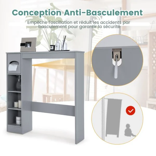 Armoire de Rangement Au-Dessus des Toilettes avec Étagères Réglables et Porte-Papier Toilette Étagère De Rangement Multifonctionnelle Gris