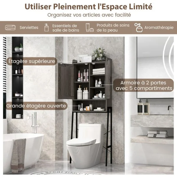 Armoire de Rangement au-dessus des Toilettes Meuble au-dessus des Toilettes avec Doubles Portes et Cadre en Métal Étagères Réglables
