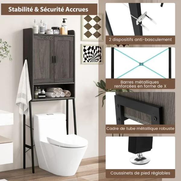 Armoire de Rangement au-dessus des Toilettes Meuble au-dessus des Toilettes avec Doubles Portes et Cadre en Métal Étagères Réglables