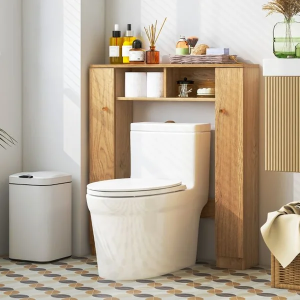Armoire de Rangement Au-dessus des Toilettes Organisateur de Rangement 2 Compartiments Ouverts Rangement Autoportant pour Buanderie Blanc/Naturel/Noir
