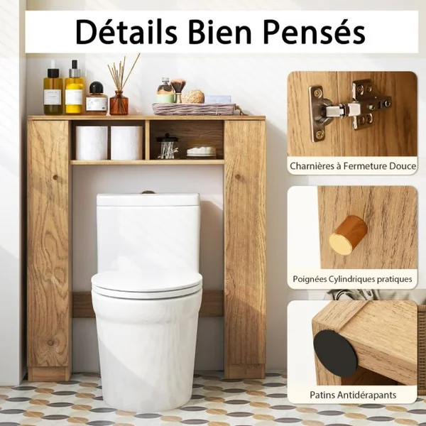Armoire de Rangement Au-dessus des Toilettes Organisateur de Rangement 2 Compartiments Ouverts Rangement Autoportant pour Buanderie Blanc/Naturel/Noir