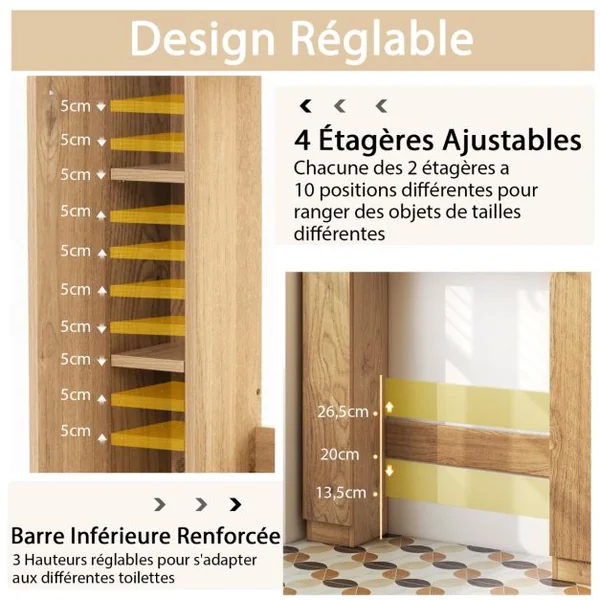 Armoire de Rangement Au-dessus des Toilettes Organisateur de Rangement 2 Compartiments Ouverts Rangement Autoportant pour Buanderie Blanc/Naturel/Noir