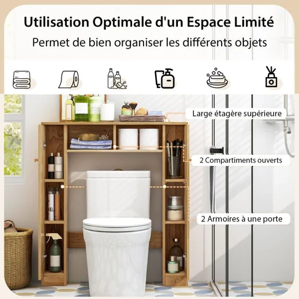 Armoire de Rangement Au-dessus des Toilettes Organisateur de Rangement 2 Compartiments Ouverts Rangement Autoportant pour Buanderie Blanc/Naturel/Noir