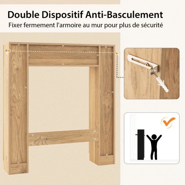 Armoire de Rangement Au-dessus des Toilettes Organisateur de Rangement 2 Compartiments Ouverts Rangement Autoportant pour Buanderie Blanc/Naturel/Noir
