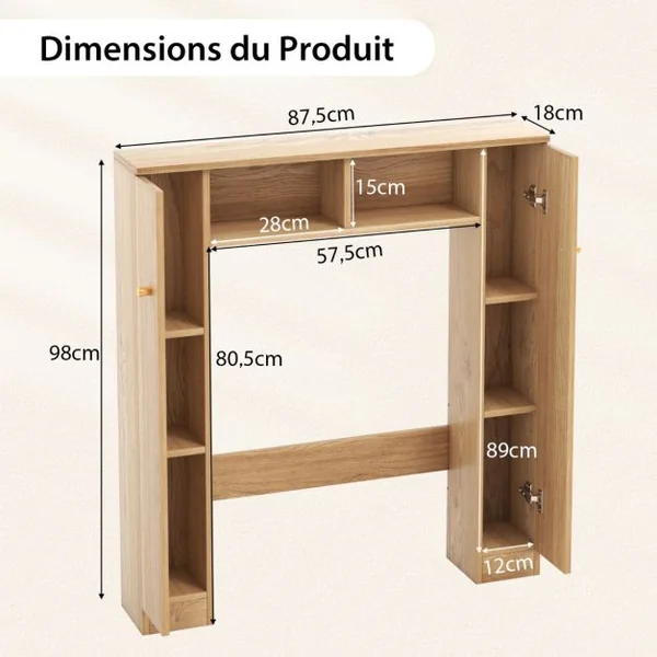 Armoire de Rangement Au-dessus des Toilettes Organisateur de Rangement 2 Compartiments Ouverts Rangement Autoportant pour Buanderie Blanc/Naturel/Noir