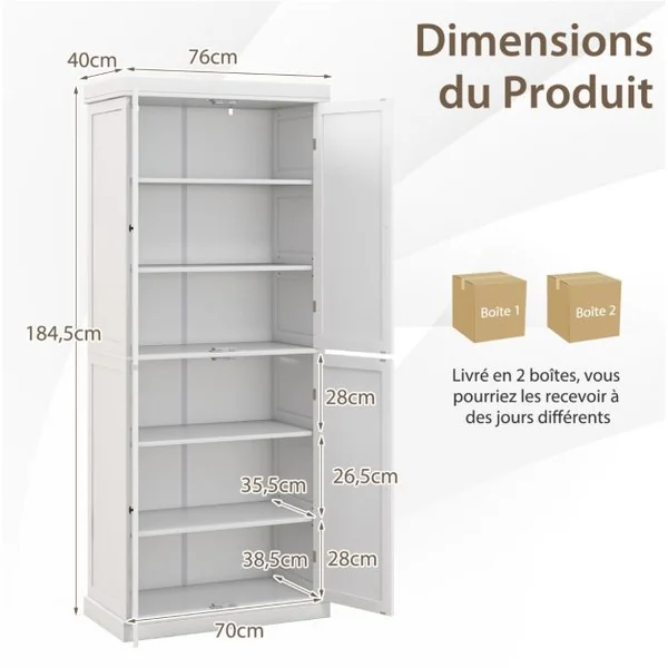 Armoire de Rangement avec 4 Portes 2 Étagères Réglables Dispositif Anti-renversement Salon Chambre Cuisine 76 x 40 x 184,5 cm Blanc