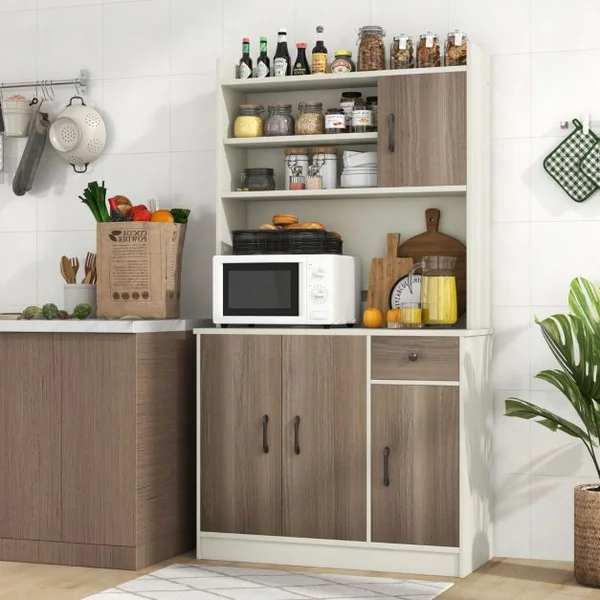 Armoire de Rangement Buffet avec Clapier Plan de Travail pour Micro-ondes Tiroir 4 Etagères Réglables Trous Blanc/Noir