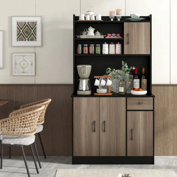 Armoire de Rangement Buffet avec Clapier Plan de Travail pour Micro-ondes Tiroir 4 Etagères Réglables Trous Blanc/Noir