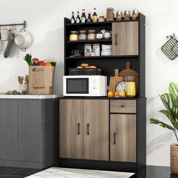 Armoire de Rangement Buffet avec Clapier Plan de Travail pour Micro-ondes Tiroir 4 Etagères Réglables Trous Blanc/Noir