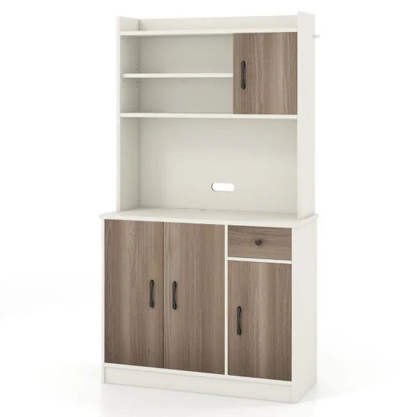 Armoire de Rangement Buffet avec Clapier Plan de Travail pour Micro-ondes Tiroir 4 Etagères Réglables Trous Blanc/Noir