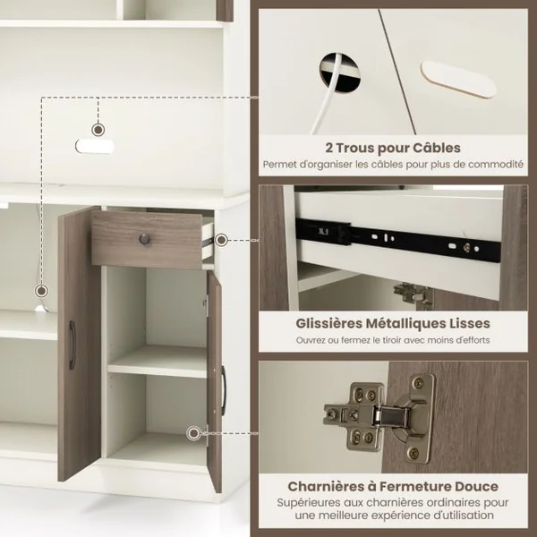 Armoire de Rangement Buffet avec Clapier Plan de Travail pour Micro-ondes Tiroir 4 Etagères Réglables Trous Blanc/Noir
