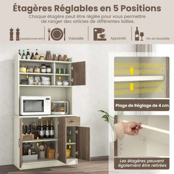 Armoire de Rangement Buffet avec Clapier Plan de Travail pour Micro-ondes Tiroir 4 Etagères Réglables Trous Blanc/Noir