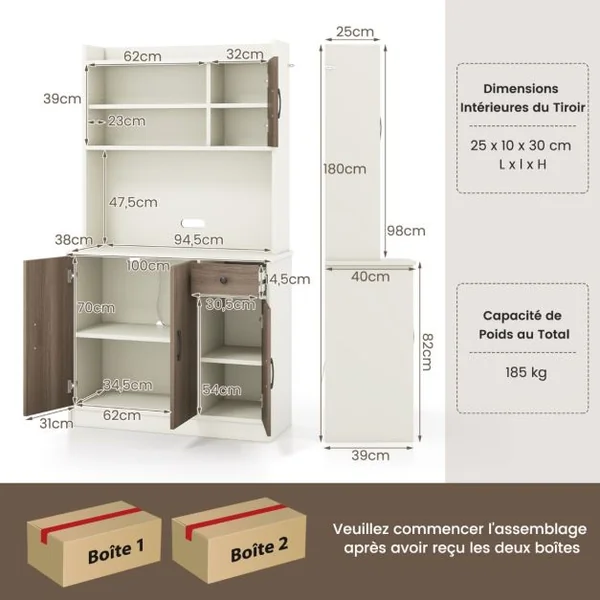 Armoire de Rangement Buffet avec Clapier Plan de Travail pour Micro-ondes Tiroir 4 Etagères Réglables Trous Blanc/Noir