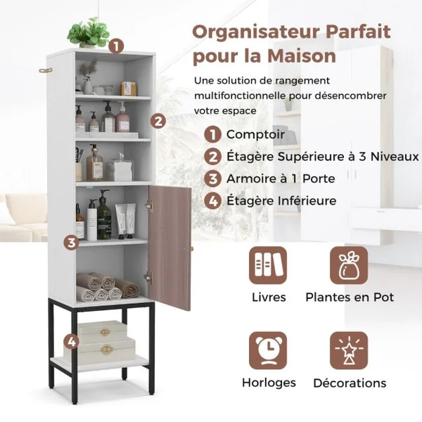 Armoire de Rangement de 145 cm de Haut Armoire Autoportante avec Etagères Réglables et Rangement Inférieur Support en Métal Blanc/Naturel