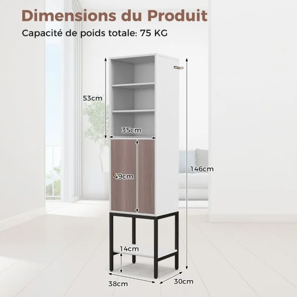 Armoire de Rangement de 145 cm de Haut Armoire Autoportante avec Etagères Réglables et Rangement Inférieur Support en Métal Blanc/Naturel