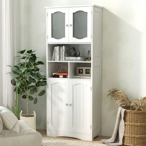 Armoire de Rangement de 148,5 cm de Haut Armoire Haute Autoportante Portes en Verre Givré Etagères pour Salle de Bain Cuisine Salon Blanc