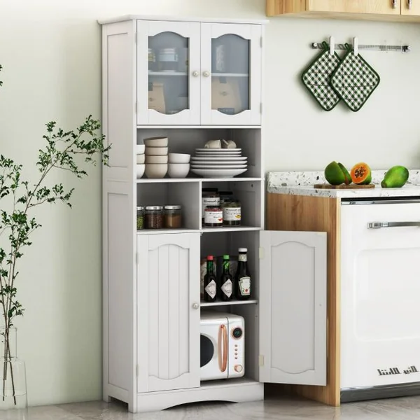 Armoire de Rangement de 148,5 cm de Haut Armoire Haute Autoportante Portes en Verre Givré Etagères pour Salle de Bain Cuisine Salon Blanc