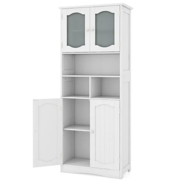 Armoire de Rangement de 148,5 cm de Haut Armoire Haute Autoportante Portes en Verre Givré Etagères pour Salle de Bain Cuisine Salon Blanc
