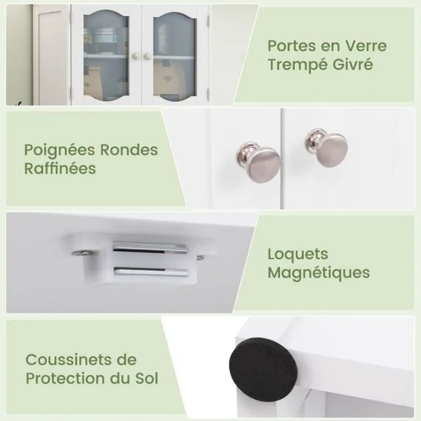Armoire de Rangement de 148,5 cm de Haut Armoire Haute Autoportante Portes en Verre Givré Etagères pour Salle de Bain Cuisine Salon Blanc