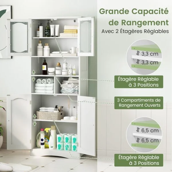 Armoire de Rangement de 148,5 cm de Haut Armoire Haute Autoportante Portes en Verre Givré Etagères pour Salle de Bain Cuisine Salon Blanc
