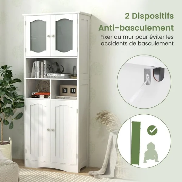 Armoire de Rangement de 148,5 cm de Haut Armoire Haute Autoportante Portes en Verre Givré Etagères pour Salle de Bain Cuisine Salon Blanc