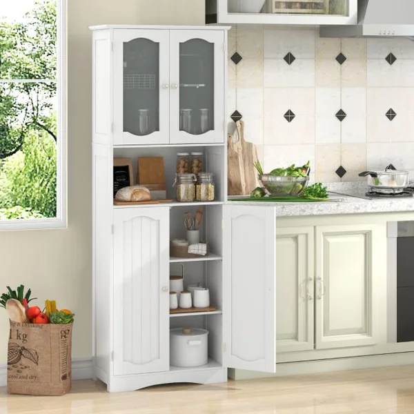 Armoire de Rangement de 164 cm de Haut Armoire Haute Autoportante Portes en Verre Givré Etagères pour Salle de Bain Cuisine Salon Blanc