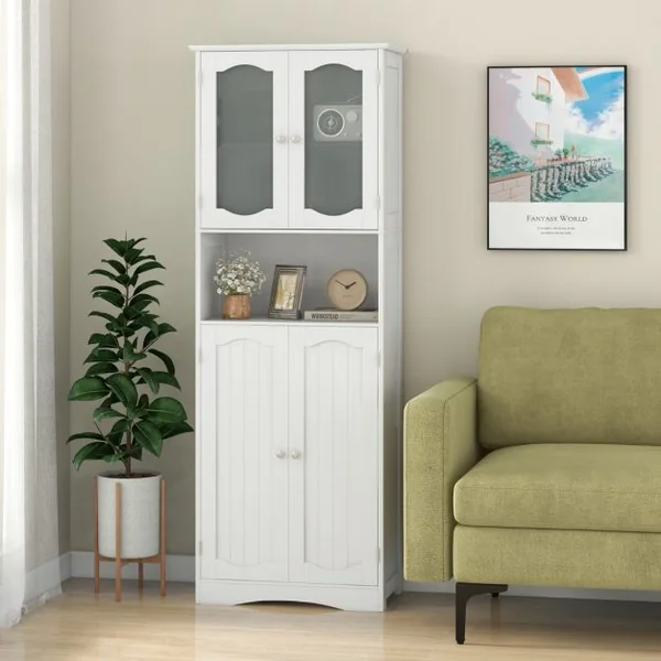 Armoire de Rangement de 164 cm de Haut Armoire Haute Autoportante Portes en Verre Givré Etagères pour Salle de Bain Cuisine Salon Blanc