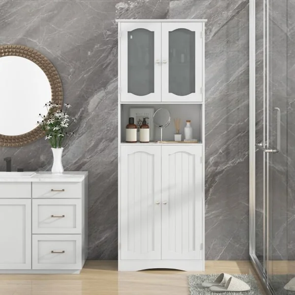 Armoire de Rangement de 164 cm de Haut Armoire Haute Autoportante Portes en Verre Givré Etagères pour Salle de Bain Cuisine Salon Blanc
