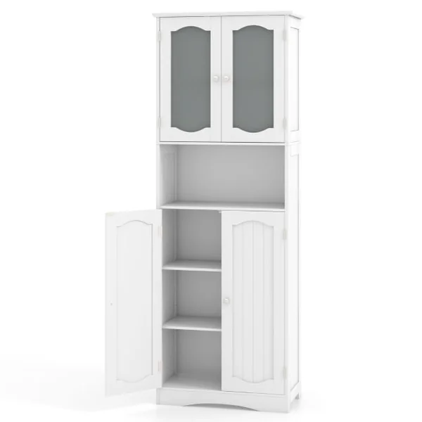 Armoire de Rangement de 164 cm de Haut Armoire Haute Autoportante Portes en Verre Givré Etagères pour Salle de Bain Cuisine Salon Blanc