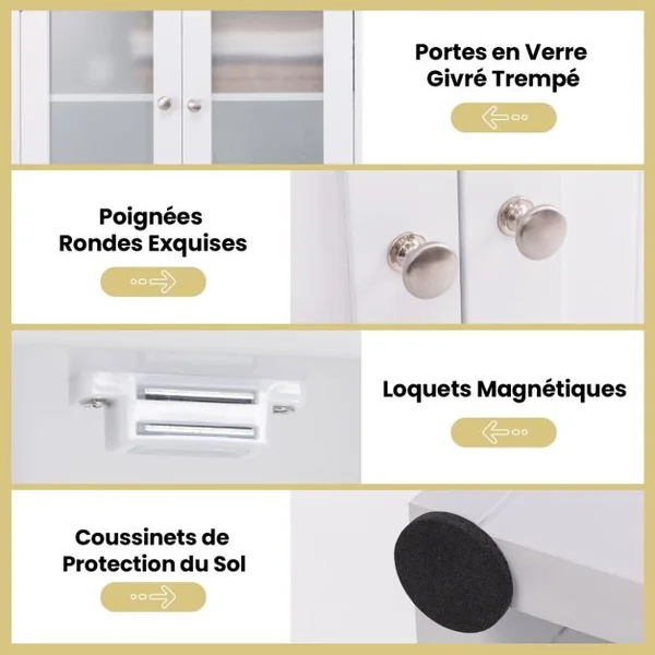 Armoire de Rangement de 164 cm de Haut Armoire Haute Autoportante Portes en Verre Givré Etagères pour Salle de Bain Cuisine Salon Blanc