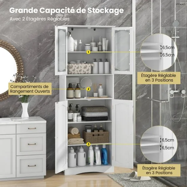 Armoire de Rangement de 164 cm de Haut Armoire Haute Autoportante Portes en Verre Givré Etagères pour Salle de Bain Cuisine Salon Blanc