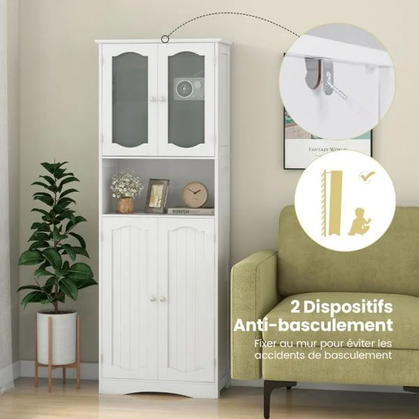 Armoire de Rangement de 164 cm de Haut Armoire Haute Autoportante Portes en Verre Givré Etagères pour Salle de Bain Cuisine Salon Blanc