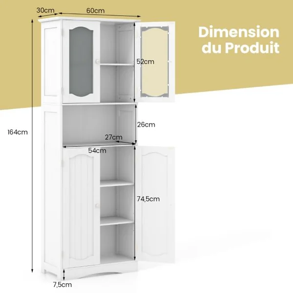 Armoire de Rangement de 164 cm de Haut Armoire Haute Autoportante Portes en Verre Givré Etagères pour Salle de Bain Cuisine Salon Blanc