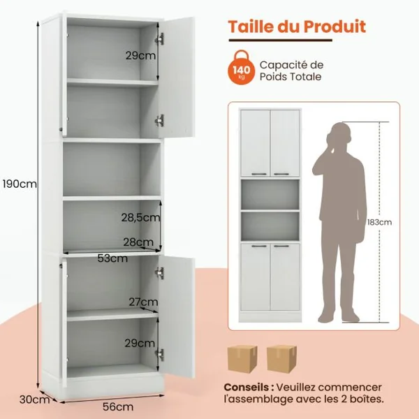 Armoire de Rangement de 190 cm de Haut avec Portes et Etagères Charnières de Sécurité Kits Anti-basculement Blanc/Noir/Chêne Blanc