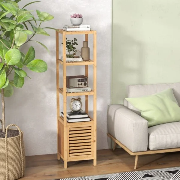 Armoire de Rangement en Bambou Meuble de Salle de Bain de 140 cm de Haut Etagères Ouvertes à 5 Niveaux Porte à Persienne pour Cusine Naturel