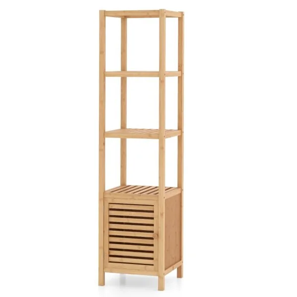 Armoire de Rangement en Bambou Meuble de Salle de Bain de 140 cm de Haut Etagères Ouvertes à 5 Niveaux Porte à Persienne pour Cusine Naturel