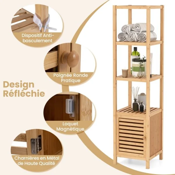 Armoire de Rangement en Bambou Meuble de Salle de Bain de 140 cm de Haut Etagères Ouvertes à 5 Niveaux Porte à Persienne pour Cusine Naturel