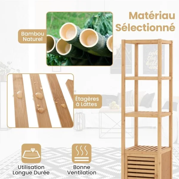 Armoire de Rangement en Bambou Meuble de Salle de Bain de 140 cm de Haut Etagères Ouvertes à 5 Niveaux Porte à Persienne pour Cusine Naturel