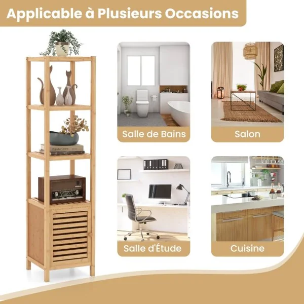 Armoire de Rangement en Bambou Meuble de Salle de Bain de 140 cm de Haut Etagères Ouvertes à 5 Niveaux Porte à Persienne pour Cusine Naturel