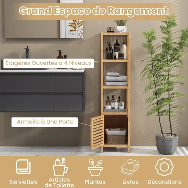 Armoire de Rangement en Bambou Meuble de Salle de Bain de 140 cm de Haut Etagères Ouvertes à 5 Niveaux Porte à Persienne pour Cusine Naturel
