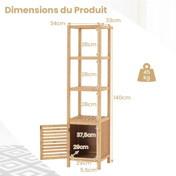 Armoire de Rangement en Bambou Meuble de Salle de Bain de 140 cm de Haut Etagères Ouvertes à 5 Niveaux Porte à Persienne pour Cusine Naturel