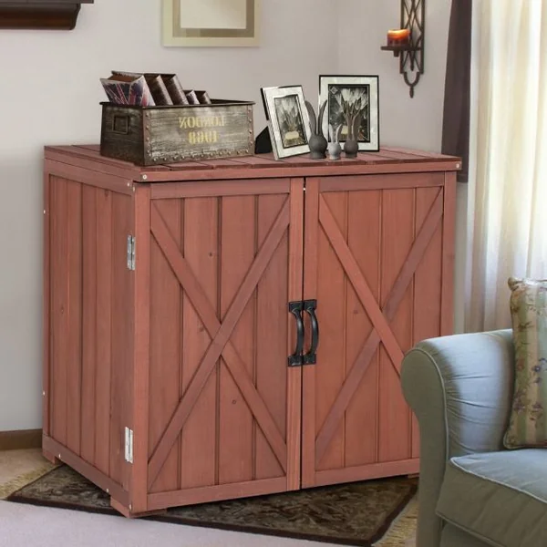 Armoire de Rangement en Bois de Sapin avec 2 Portes Magnétiques et Poignées de Porte pour Jardin Patio Arrière-cour Marron