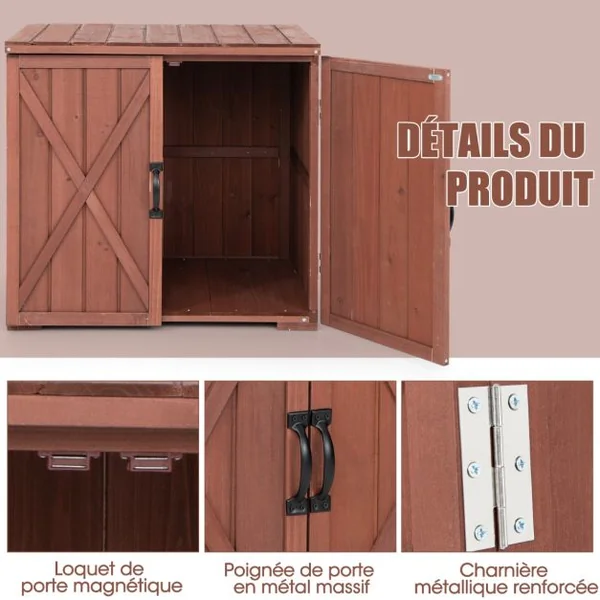Armoire de Rangement en Bois de Sapin avec 2 Portes Magnétiques et Poignées de Porte pour Jardin Patio Arrière-cour Marron