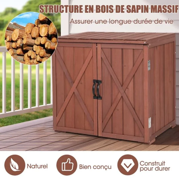 Armoire de Rangement en Bois de Sapin avec 2 Portes Magnétiques et Poignées de Porte pour Jardin Patio Arrière-cour Marron