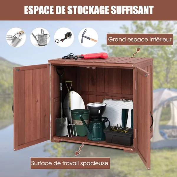 Armoire de Rangement en Bois de Sapin avec 2 Portes Magnétiques et Poignées de Porte pour Jardin Patio Arrière-cour Marron
