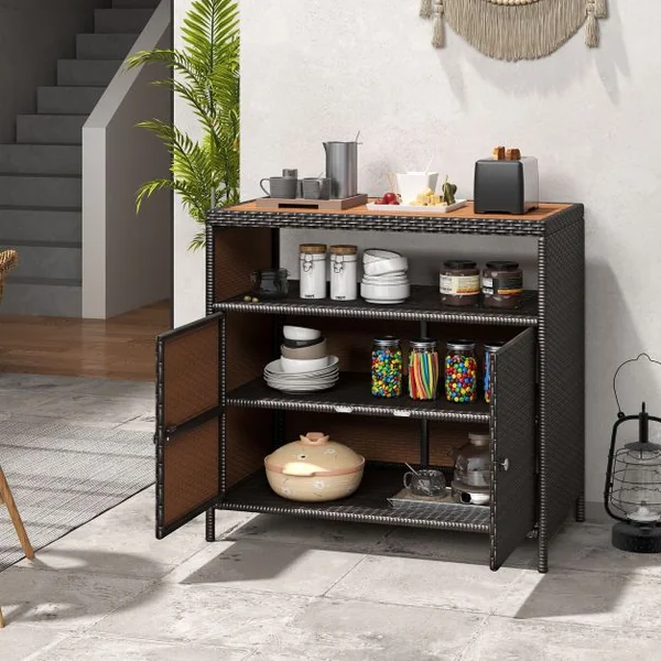 Armoire de Rangement Exterieur en Rotin Armoire de Jardin avec Plateau en Bois d'Acacia Compartiment Ouvert Buffet à 2 Portes Marron