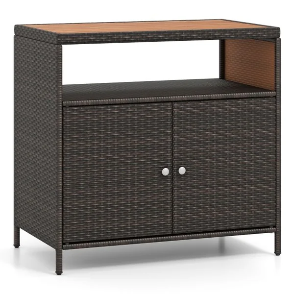 Armoire de Rangement Exterieur en Rotin Armoire de Jardin avec Plateau en Bois d'Acacia Compartiment Ouvert Buffet à 2 Portes Marron
