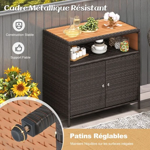 Armoire de Rangement Exterieur en Rotin Armoire de Jardin avec Plateau en Bois d'Acacia Compartiment Ouvert Buffet à 2 Portes Marron