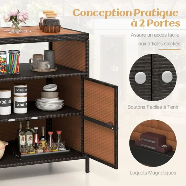 Armoire de Rangement Exterieur en Rotin Armoire de Jardin avec Plateau en Bois d'Acacia Compartiment Ouvert Buffet à 2 Portes Marron