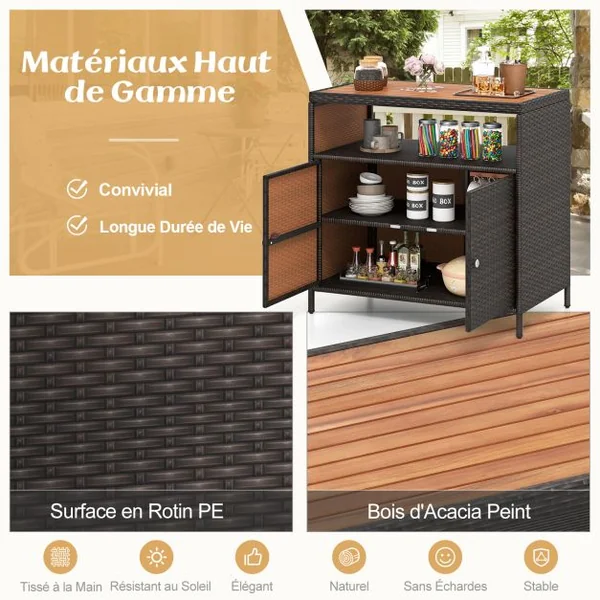 Armoire de Rangement Exterieur en Rotin Armoire de Jardin avec Plateau en Bois d'Acacia Compartiment Ouvert Buffet à 2 Portes Marron